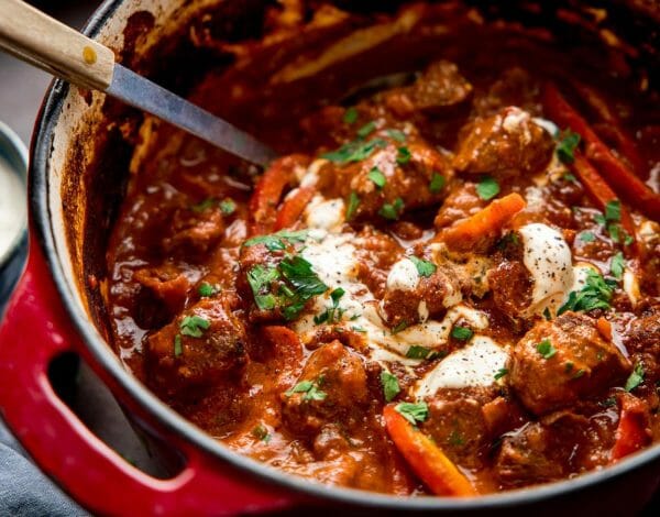 Delicious homemade meat stew made with sausage maker ingredients