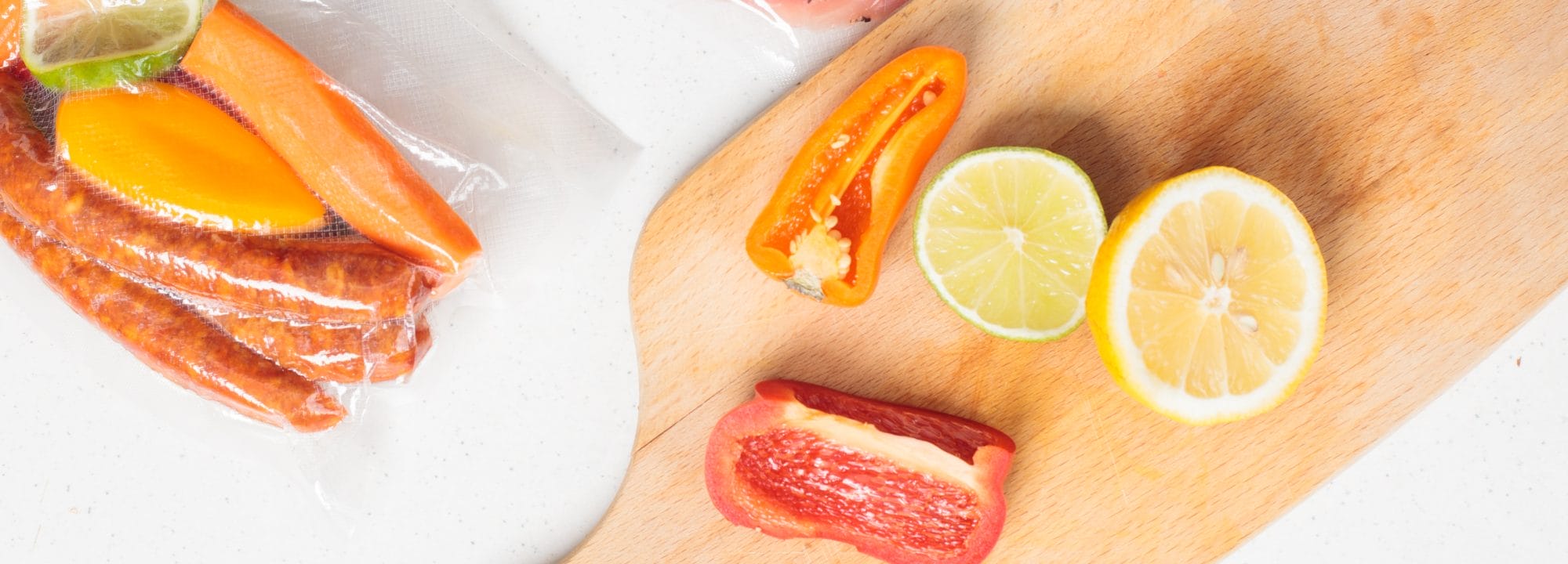 Sliced Peppers, Lime, And Lemon On A Cutting Board With Sausages